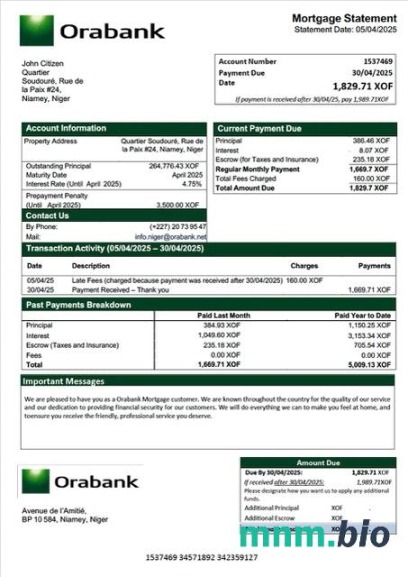 Niger Orabank wyciąg z kredytu hipotecznego szablon Word i PDF